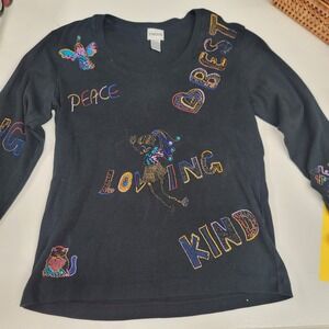 Chicos Black Long Sleeve Embellished Peace Loving‎ Kindness Top Sz 12 (chicos 2)